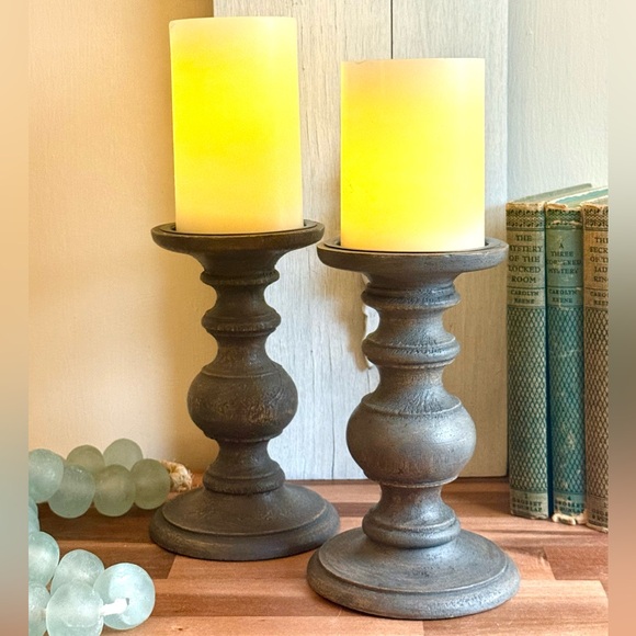 World Market Set/2 Sm Nolan Pillar Holder, Wood, Gray, 7” - Picture 2 of 5